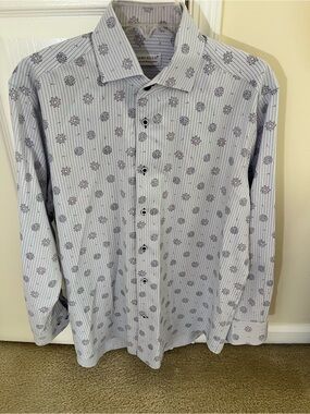 Italian Men's Long Sleeve Printed Dress Shirt - White with Gray Pattern